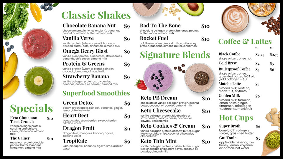 nutrition bar smoothie menu display